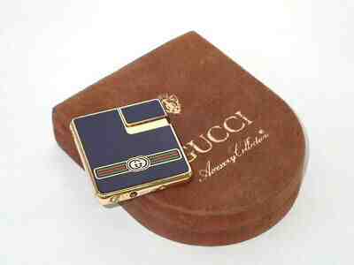 Rare! Auth Vintage GUCCI Square Gas Lighter w Case Navy Blue & Gold