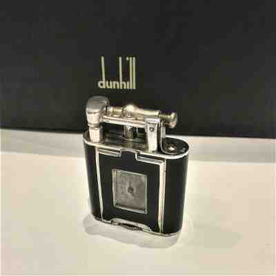 Solid Silver Black Laquer Dunhill Clock Lighter 1920s Good Working Condition