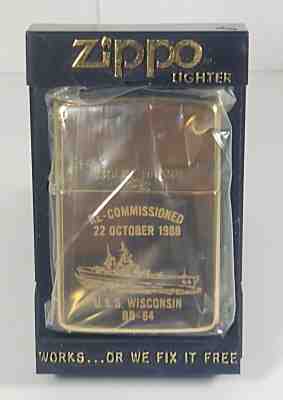 U.S.S. Wisconsin BB-64 Re-Commissioned October 22 1988 Solid Brass Zippo Lighter