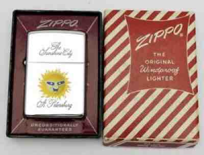 Vintage 1961 Zippo Lighter TOWN & COUNTRY St Petersburg SUN Great Graphics UNLIT