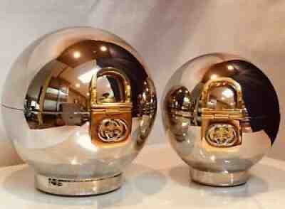 VINTAGE RARE PAIR GUCCI CHROME SPHERE TABLE LIGHTER & HUMIDOR MID CENTURY MOD