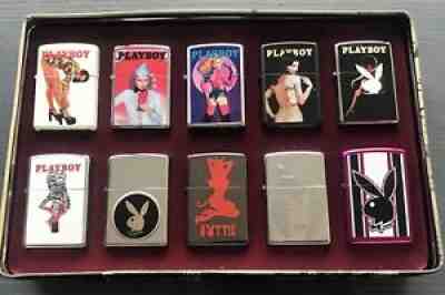 ZIPPO PLAYBOY SET OF 10 LIGHTERS VARIOUS DESIGNS DISPLAYED IN COLLECTORS TIN