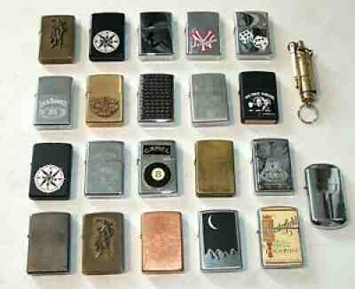 22 lot Vintage ZIPPO LIGHTERS, Camel 8 Ball, Marlboro Compass, Brass Trench Art