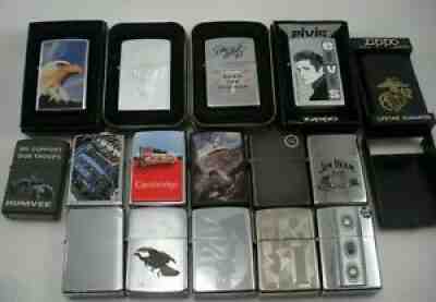 LOT OF 16 ZIPPO LIGHTERS NEVER USED ELVIS PLAYBOY JIM BEAM MILITARY FANCY ETC