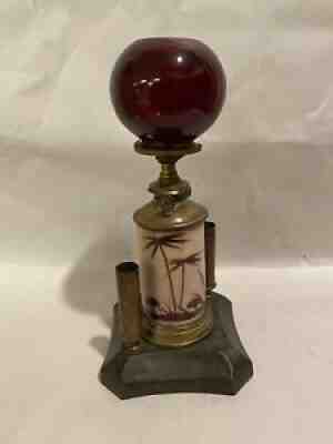 ANTIQUE CIGAR LIGHTER LAMP RUBY RED GLASS SHADE HAND PAINTED DECORATION, as is