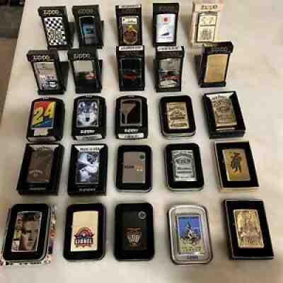 Lot of 25 Assorted Zippo Lighters -5 are BRASS Jim Beam, Elvis, Olympics, racing