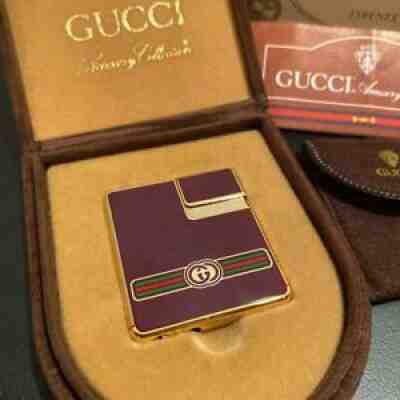 Gas Lighter Gucci Bordeaux Square Sherry Line Used With Case From Japan Vintage