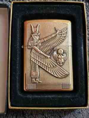 1998 Treasures from the Tomb Brass Zippo Egyptian lighter goddess Isis. MIB.