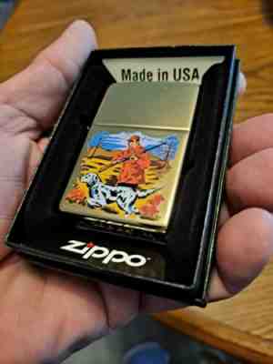 Zippo polished brass w vintage Hunter scene art Ltd Edition MIB