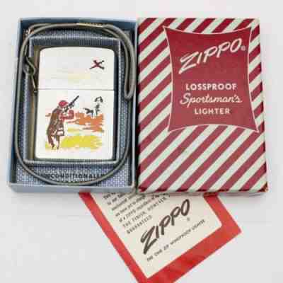 Vintage 1959 Zippo Lighter #275 Lossproof Hunter 2 Sided Advertising MINT in BOX