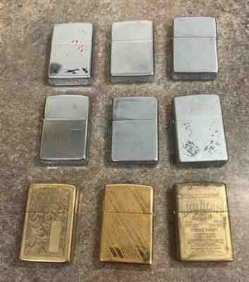 Lot of 9 Vintage Zippo Lighters_3 Gold Tone and 6 Silver Tone Jim Beam