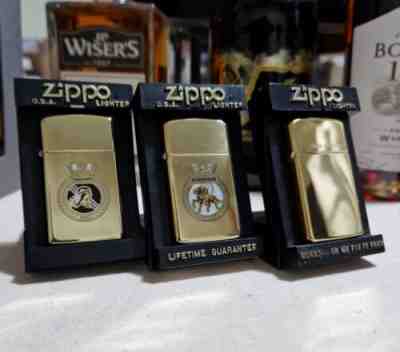 Zippo Windproof Slim Lighters x3 Brass HMCS Saguenay 1932-1988 Athabaskan UNUSED