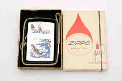 Vintage 1964 Zippo Lighter Lossproof Sportsman Fisherman With Lanyard MIB b