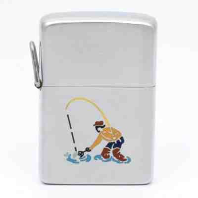 Vintage 1956 Zippo Lighter Lossproof Hinge Sports Series Fisherman CLEAN UNLIT b