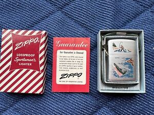 Vtg 1959 Zippo Lossproof #275 Fisherman Cigarette Lighter In Original Box Mint