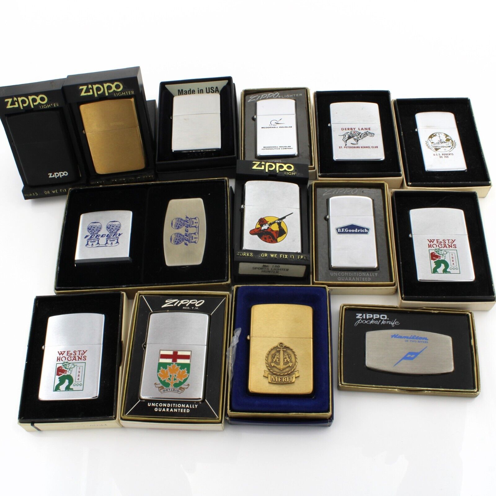 Zippo Lighters Varying Graphic & Metal Finishes In Original Box Lot of 14 #M223