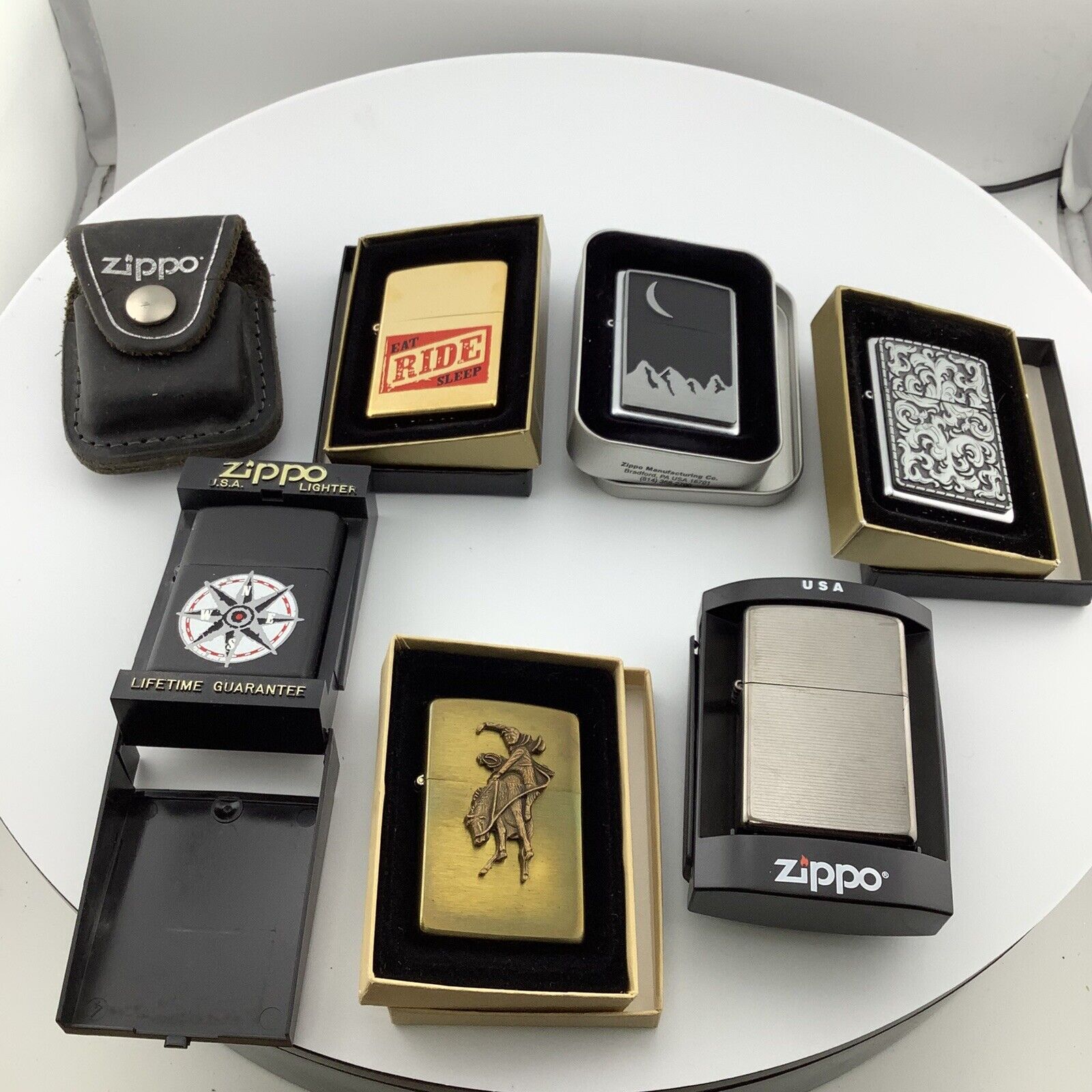 Lot Of 5 Vintage Zippo Lighters In Box Some Seals Intact With Leather Pouch