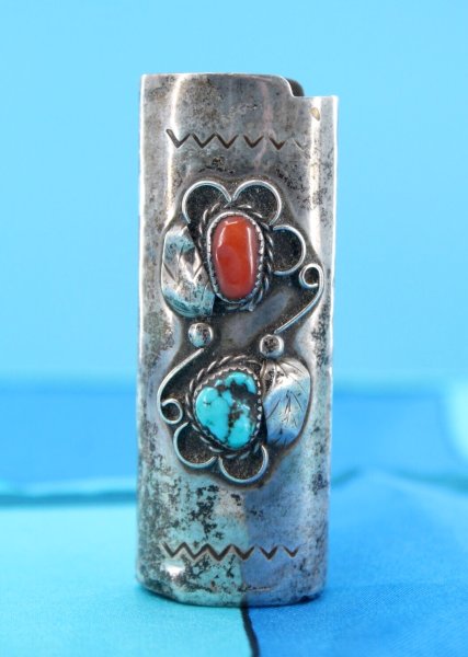 VTG 70s Navajo Sterling Silver W/ Turquoise & Coral Bic Lighter Cover / Case