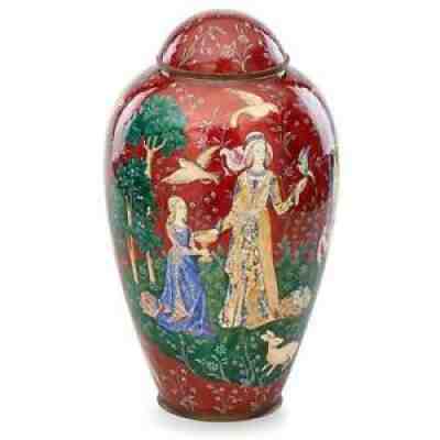 Antique CAMILLE FAURE French Limoges Massive Lady & Unicorn Enameled Vessel Vase