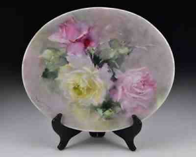 Rare Limoges French Porcelain Plaque with Roses by Franz Bischoff