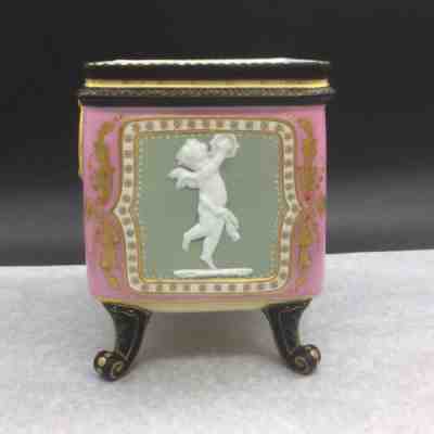 Antique Henri Ardant Limoges Pate sur Pate Square Pink Gold Black Cache Pot Vase