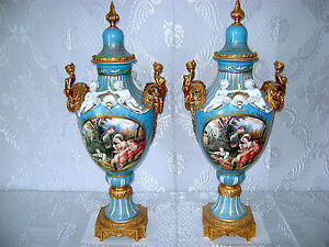 PR 34" ANTIQUE GERMAN DRESDEN RICHARD KLEMM SEVRES LIMOGES BRONZE CHERUB HP URNS