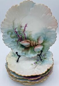 Antique Elite Limoges Seashell Porcelain Plates w/ Gold Trim - Set of 5 Plates