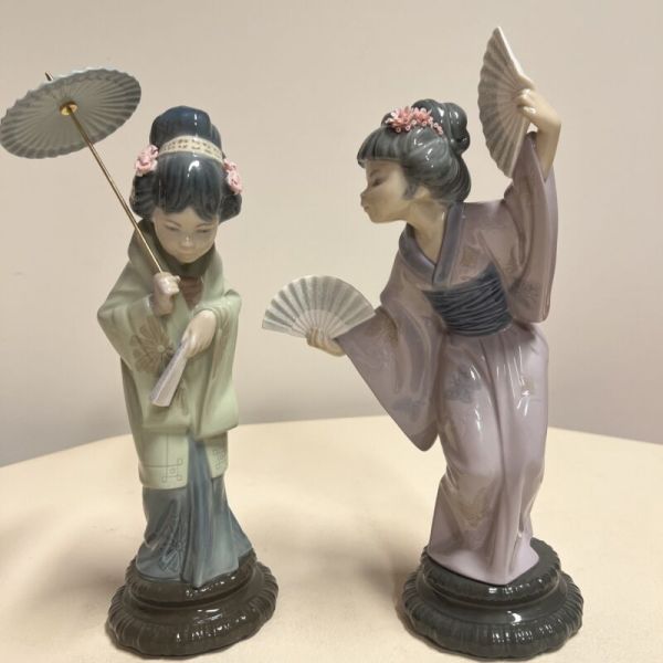 LLADRO PORCELAIN   JAPANESE LADY WITH AMBRELLA-12”, AND LADY WITH FANS-11.75”