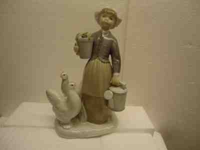 Lladro - old original Girl with Chickens, Watering Can. large 9 3/4