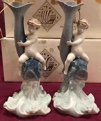 Pair of Lladro Nao Figurines Large Candlesticks 388 Angel Boy