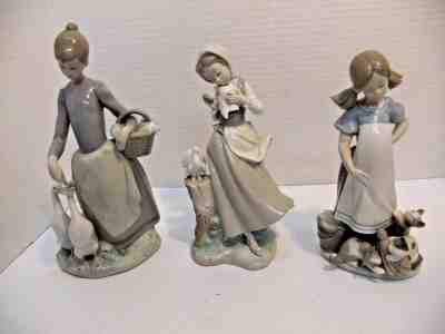 3 Lladro Figurines Hand Made Spain: Girl Feeding Geese With Basket, Dove, Kitten