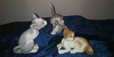 Lladro 5112, 5113, 5114 Cat Kitten Feed, Pet Me, Playful 3P Exc! Condition Boxes