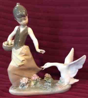 Aggressive Goose #1288 Goose Chasing Girl with Basket of Eggs Lladro Figurine