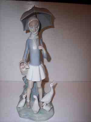 Vintage Lladro Figurine #4510 Girl w Geese & Umbrella w Basket of Apples  NICE