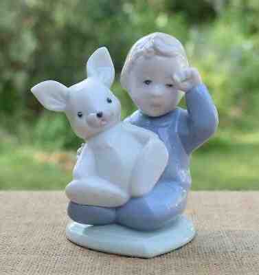 Adorable Lladro Golden Memories Figure Sleepy Boy Holding Toy Bunny Rabbit MINT