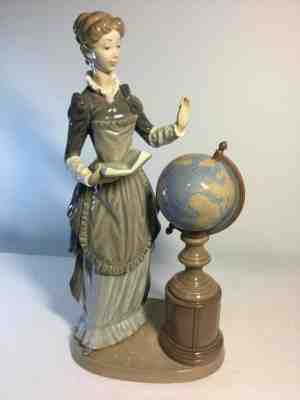 Lladro Figurine 5209 School Marm, Mint, Retired, Teacher, Globe, Book, 13 in.(A)