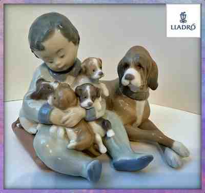 Retired Lladro 5456 New Playmates, Boy w/Puppies Porcelain, Mint 1987