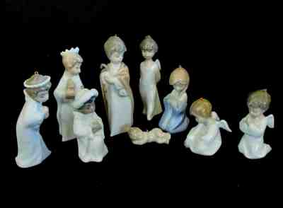 Vintage Lladro Mini Childrens Nativity 9 Ornaments Holy Family, Kings & Angels
