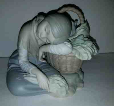 Lladro Figurine Girl Resting on Wicker Basket with Vegetables Matte Finish