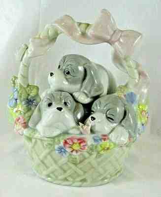 Vintage Porcelain 3 Puppies in a Basket with Flowers Figurine High Quality 5