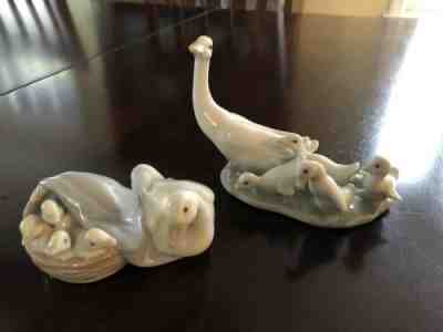 2 Nice Vintage Lladro Geese & Goslings Figurines 