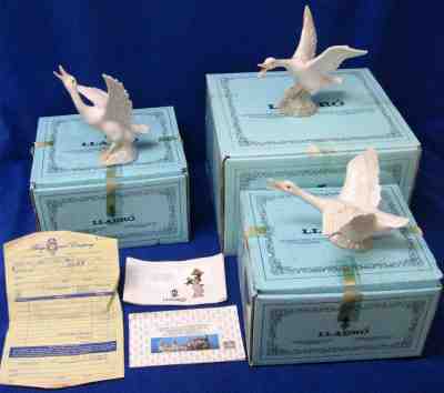 Lot 3 Lladro Duck Figurines 1263 Running 1264 Flying 1265 Jumping In Orig Boxes