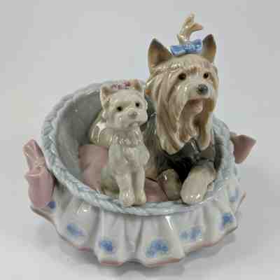 Lladro Figurine 6469 Our Cozy Home Yorkshire Terrier Dogs in Basket Bed w/ Box