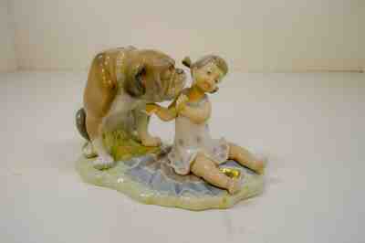 Lladro- 1967 Retired Girl with Bulldog - Chica Con El Bulldog, Glazed Figurine 