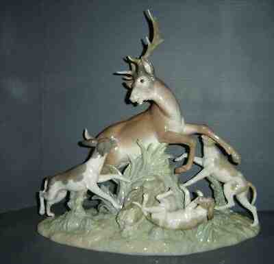 Vintage 1978 Retired Huge Lladro Porcelain Buck Hunters Deer Dogs Hounds #379.