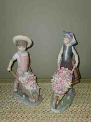 Rare Vintage Lladró Porcelain Figurine Pair Boy Girl Wheelbarrow blossoms flower