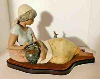 Lg. Lladro Reclining Pensive Girl with Water Jug & Bird Gres Figurine Scarce