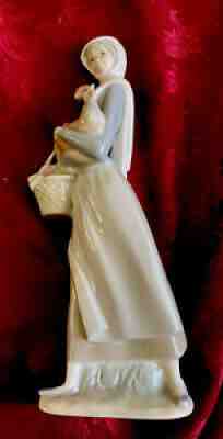 Vintage-Lladro -Porcelain Figurine /Lady /Girl With Rooster /Chicken & Basket