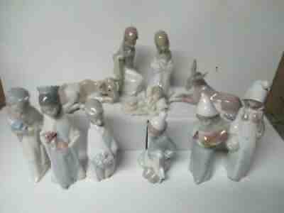 11 Piece Lladro Porcelain Christmas Nativity Set w Ox Mule & Lady w Chicken