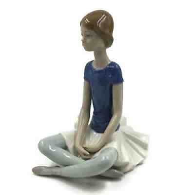 Vintage Lladro Figurine #1358 Sitting Ballerina Dancer. Blue Shirt, White Skirt